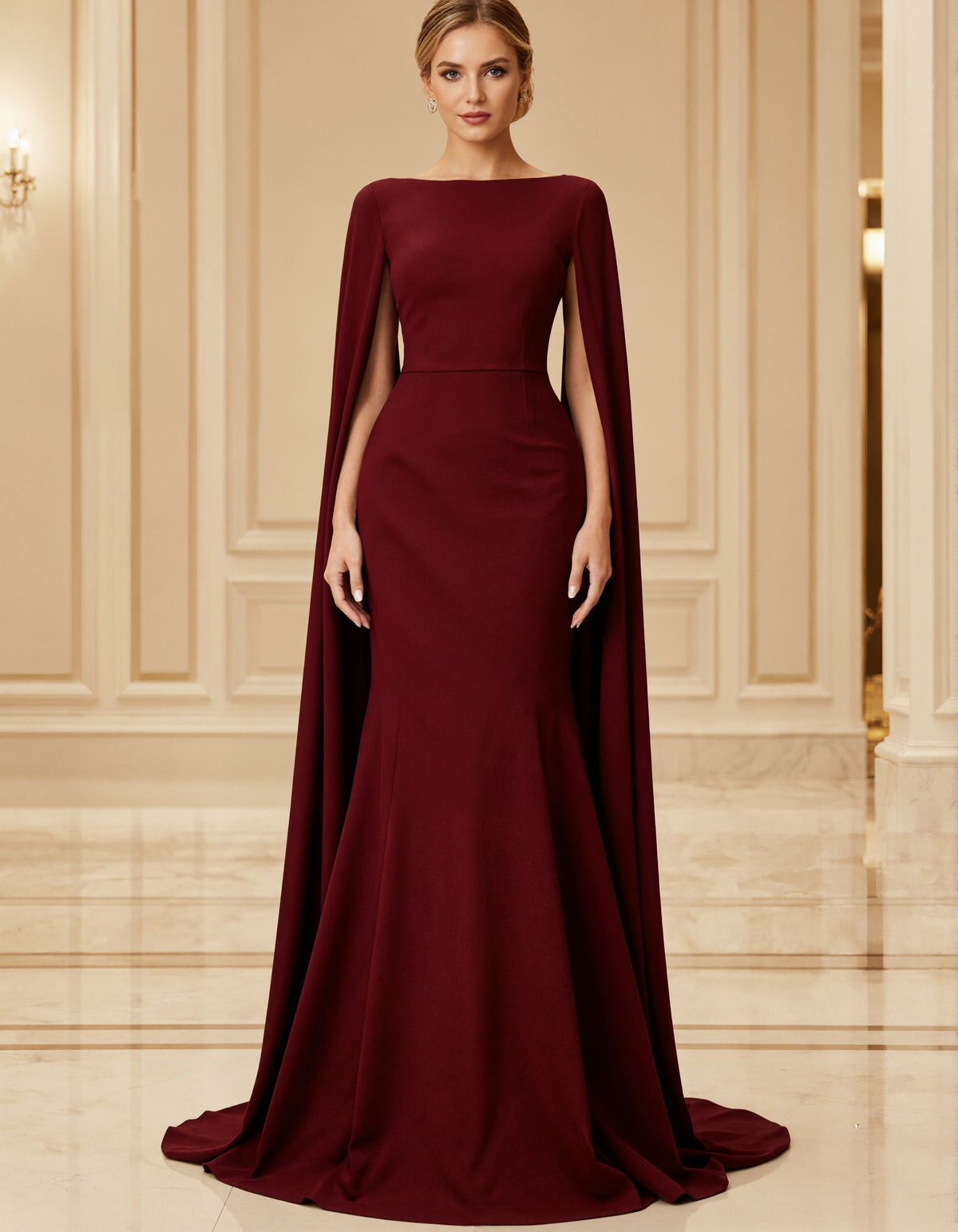 Burgundy Red Boat Collar Shawl Sleeves Maxi Dress