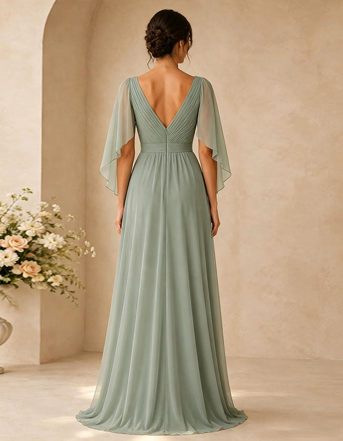 Gray Green Chiffon Deep V-Neck Pleated Shawl Maxi Dress