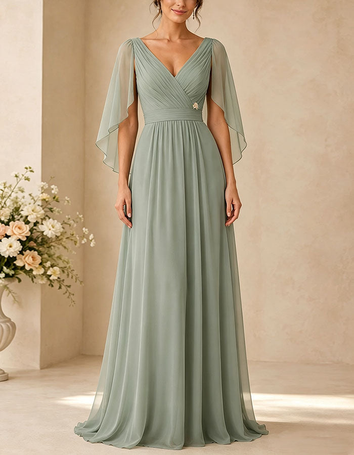 Gray Green Chiffon Deep V-Neck Pleated Shawl Maxi Dress