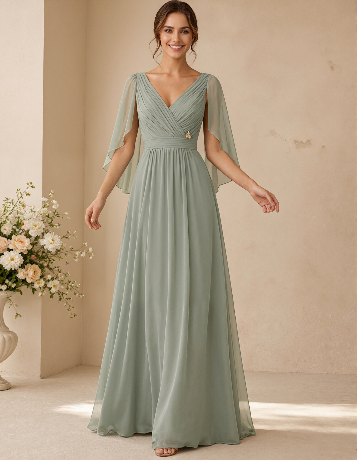 Gray Green Chiffon Deep V-Neck Pleated Shawl Maxi Dress