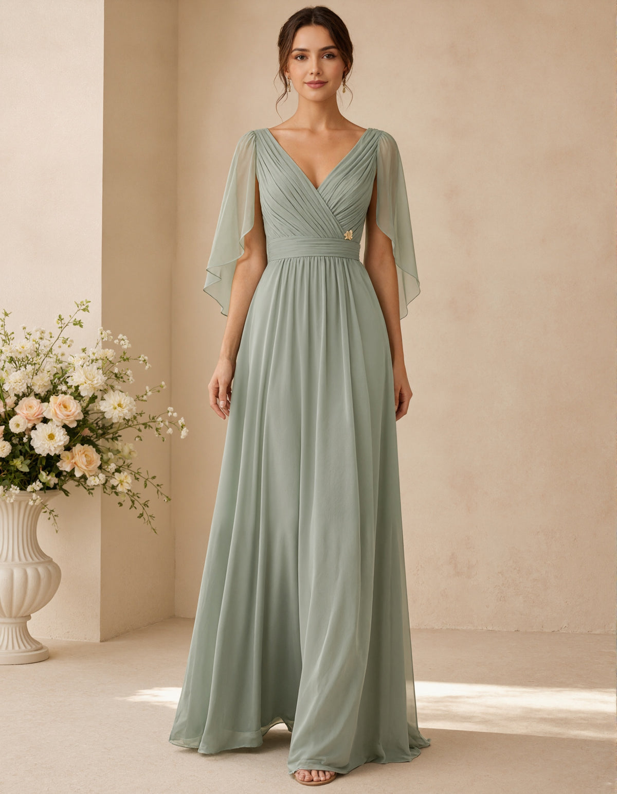 Gray Green Chiffon Deep V-Neck Pleated Shawl Maxi Dress
