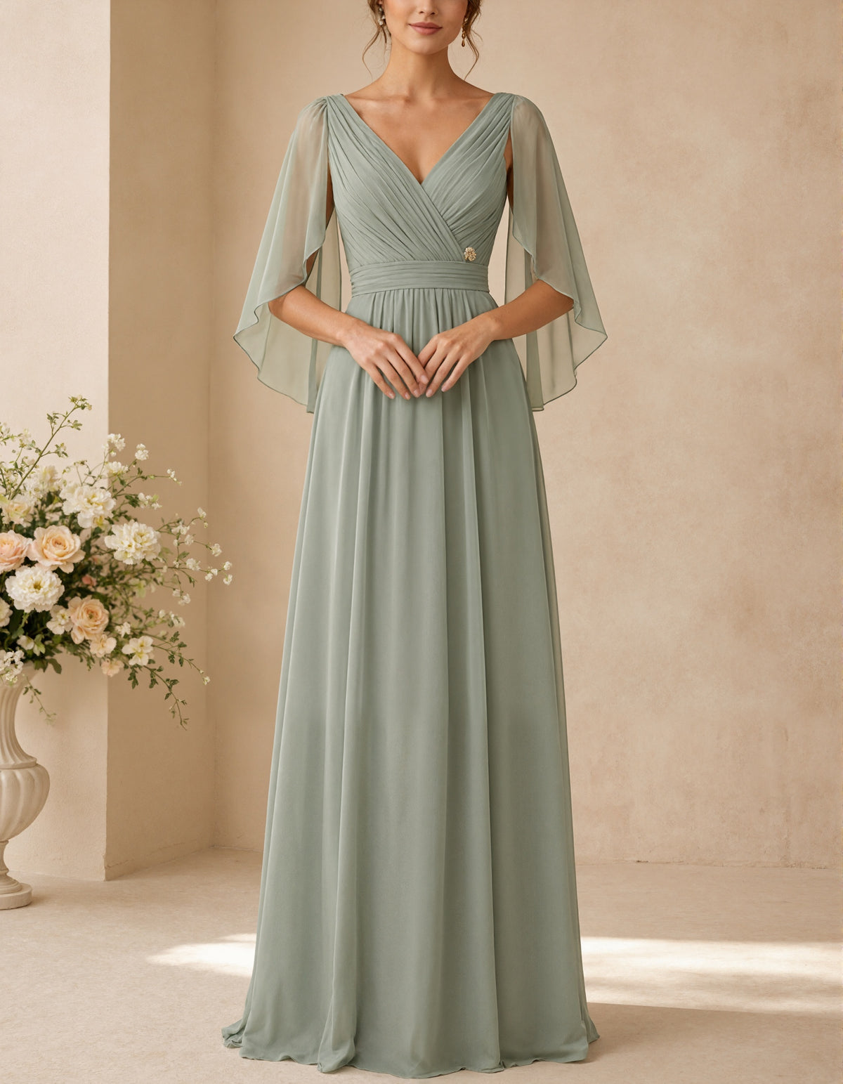 Gray Green Chiffon Deep V-Neck Pleated Shawl Maxi Dress
