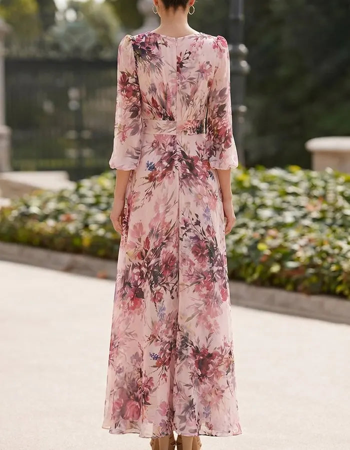 Pink Watercolor Floral Chiffon Maxi Dress