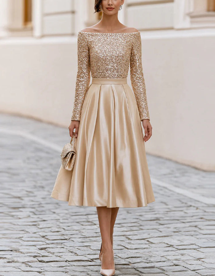 Champagne Off Shoulder Sequin Long Sleeve Satin Midi Dress
