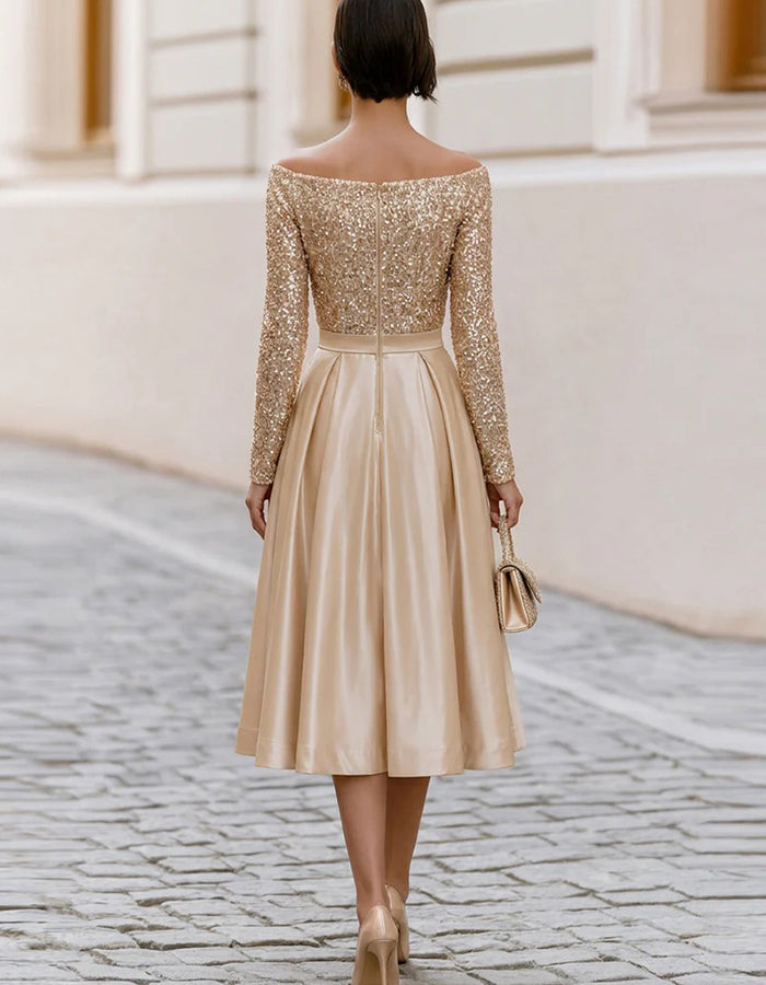 Champagne Off Shoulder Sequin Long Sleeve Satin Midi Dress