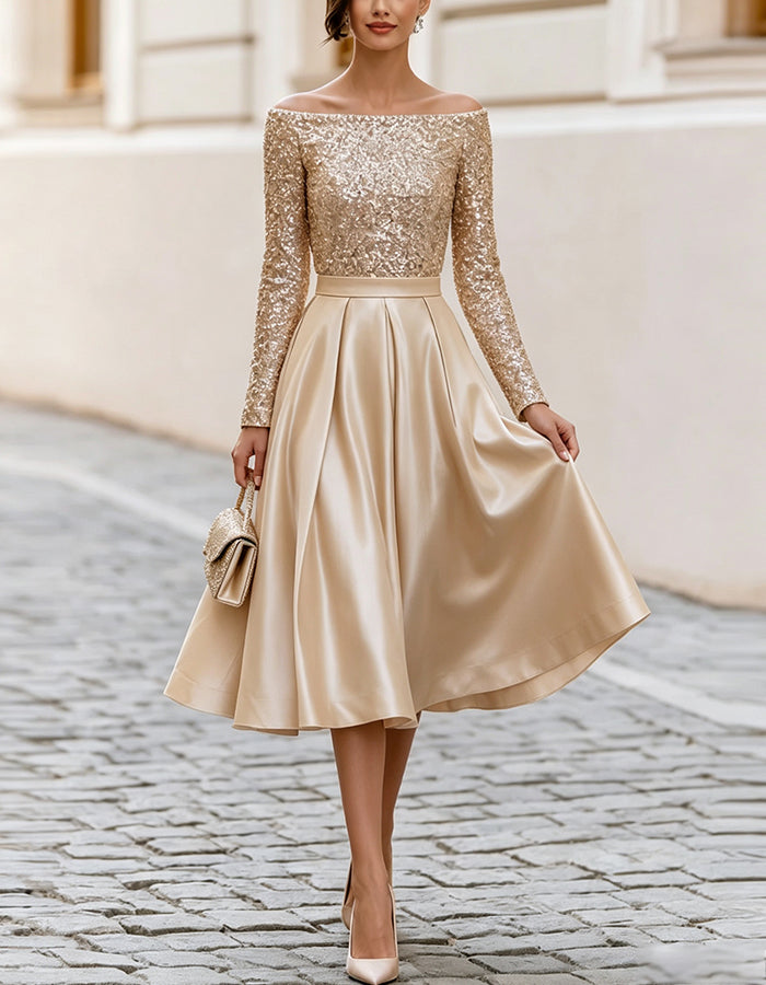 Champagne Off Shoulder Sequin Long Sleeve Satin Midi Dress