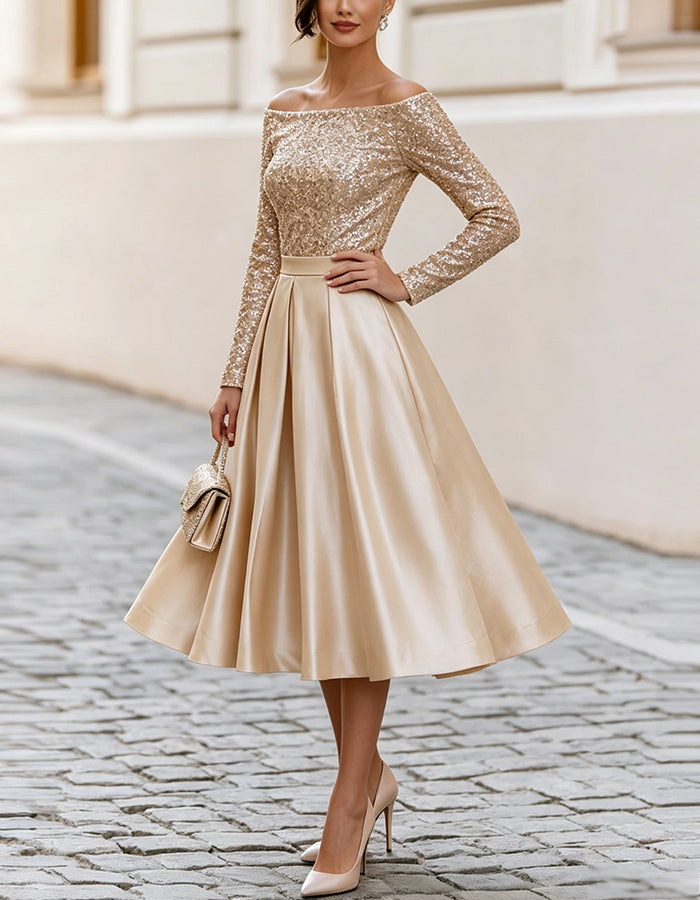 Champagne Off Shoulder Sequin Long Sleeve Satin Midi Dress