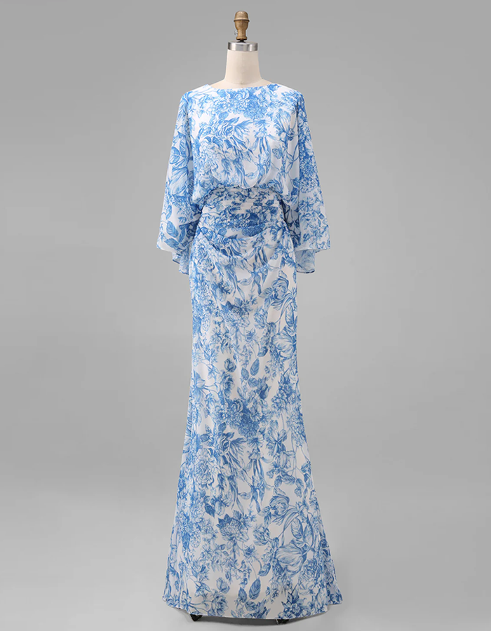 Blue And White Botanical Print Boat Neck Maxi Dress