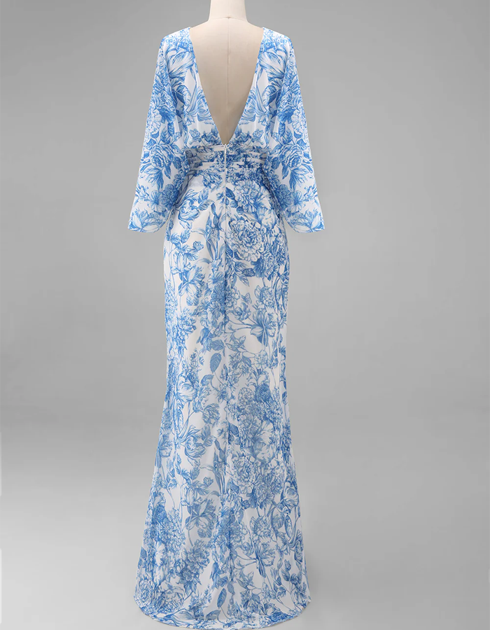 Blue And White Botanical Print Boat Neck Maxi Dress