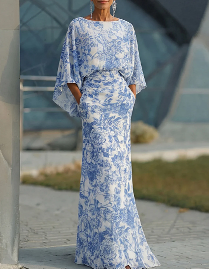 Blue And White Botanical Print Boat Neck Maxi Dress