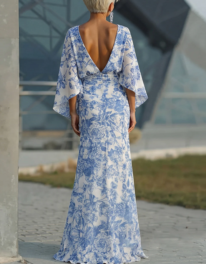 Blue And White Botanical Print Boat Neck Maxi Dress
