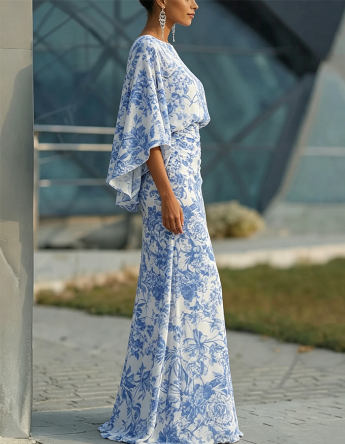 Blue And White Botanical Print Boat Neck Maxi Dress