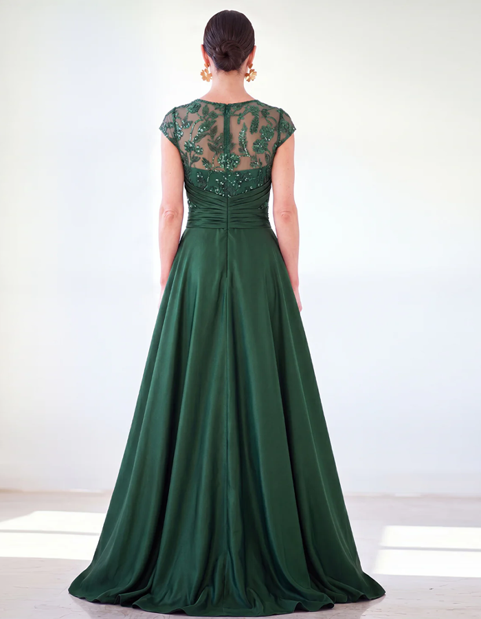 Embroidered Tulle With Satin Maxi Dress