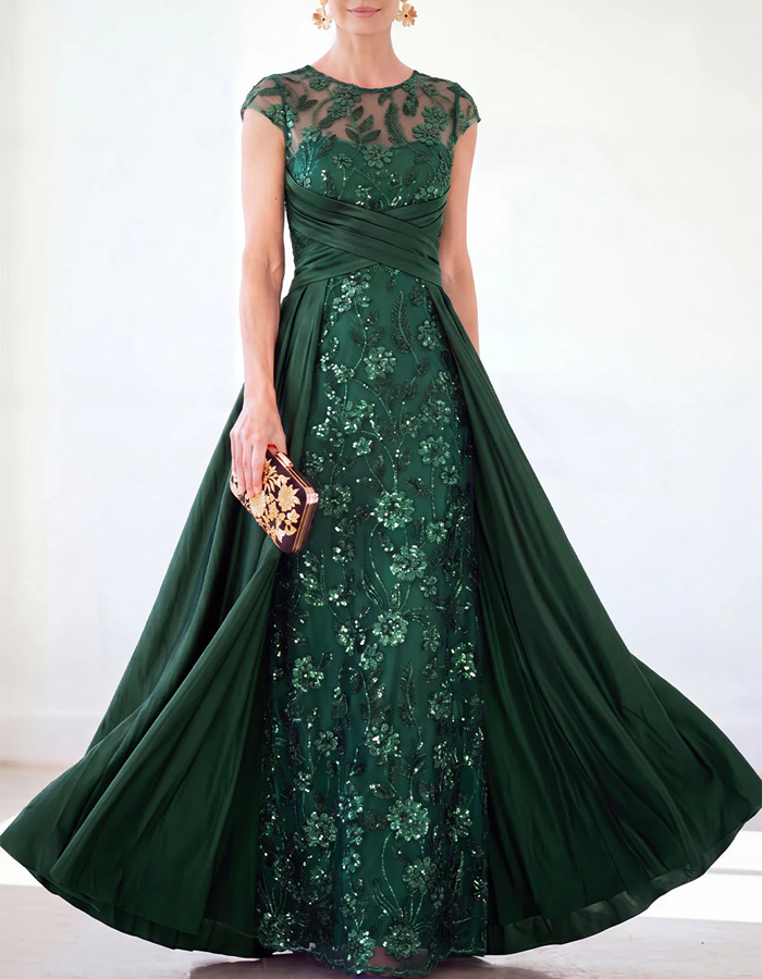 Embroidered Tulle With Satin Maxi Dress