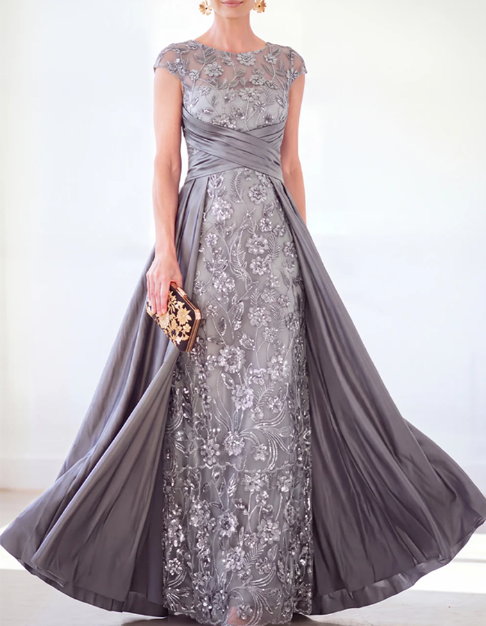 Embroidered Tulle With Satin Maxi Dress
