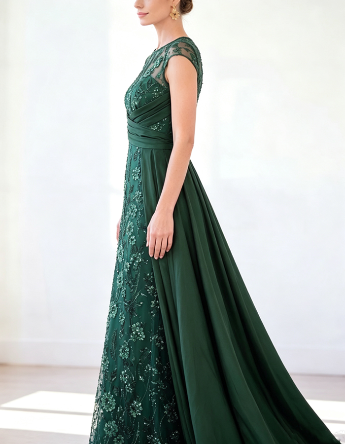 Embroidered Tulle With Satin Maxi Dress
