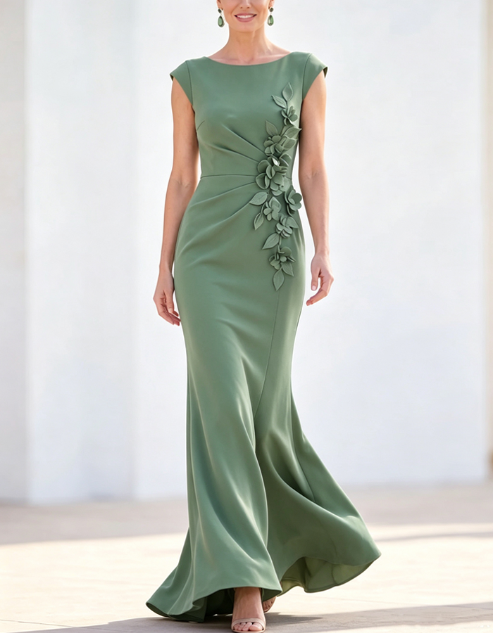 Elegant Floor-length Boat-shaped 3D Floral Maxi Dress