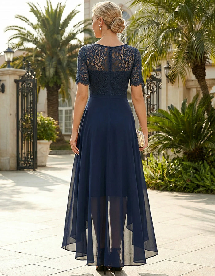 Navy Blue Lace Illusion Round Neck Hi-Low Chiffon Midi Dress