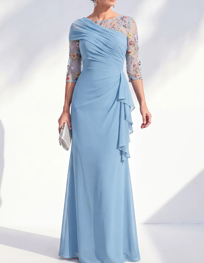 Floral Embroidered Tulle Chiffon Maxi Dress