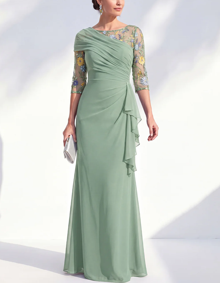 Floral Embroidered Tulle Chiffon Maxi Dress