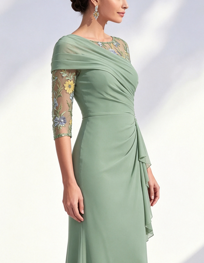 Floral Embroidered Tulle Chiffon Maxi Dress