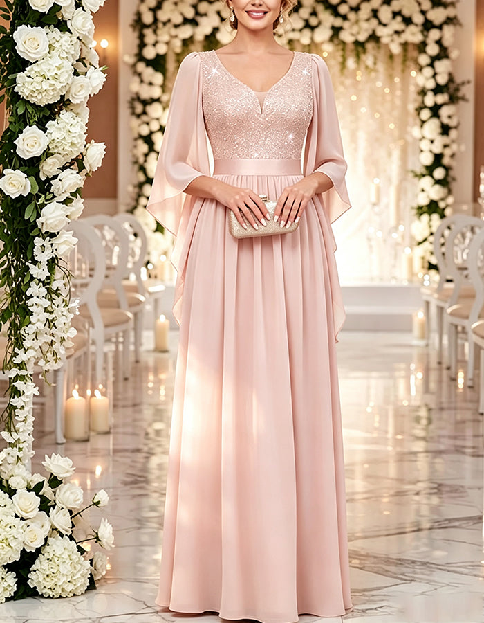 V-Neck with Capelet Sleeves Chiffon Maxi Dress