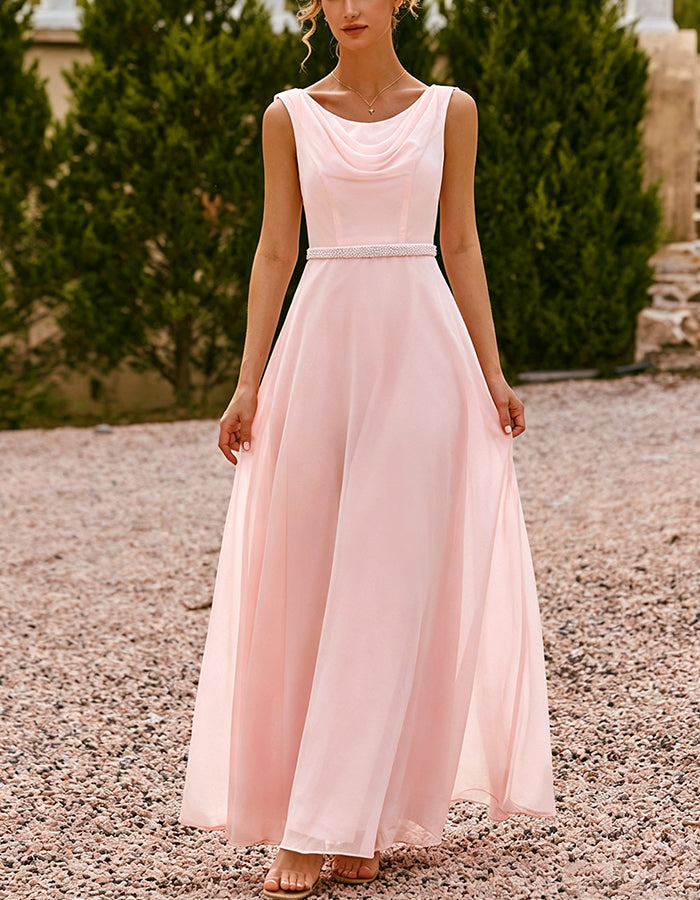 Pink Sleeveless Cowl Neck Sequin Waist Chiffon Maxi Dress