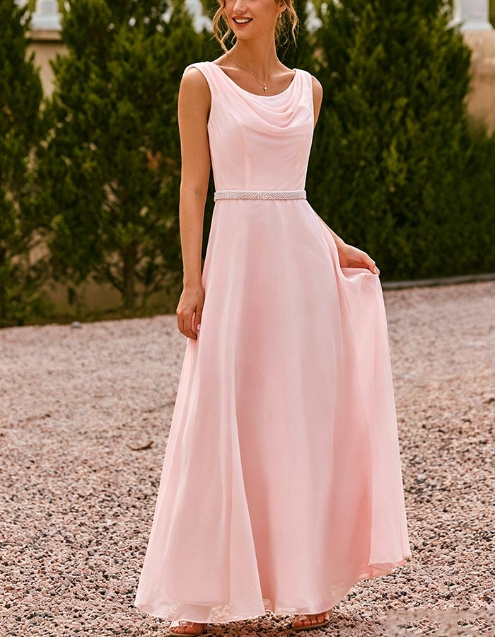 Pink Sleeveless Cowl Neck Sequin Waist Chiffon Maxi Dress