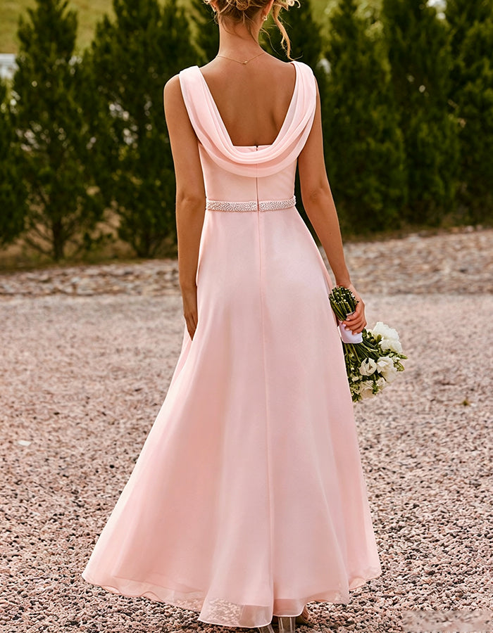 Pink Sleeveless Cowl Neck Sequin Waist Chiffon Maxi Dress