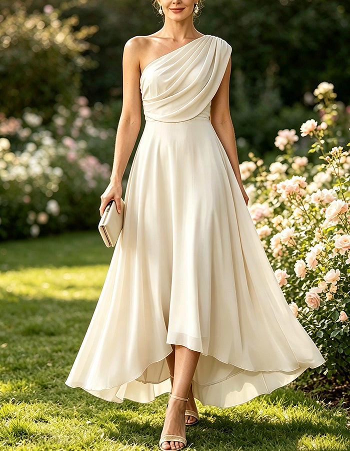One Shoulder Draped Neck Irregular High Low Hem Chiffon Midi Dress