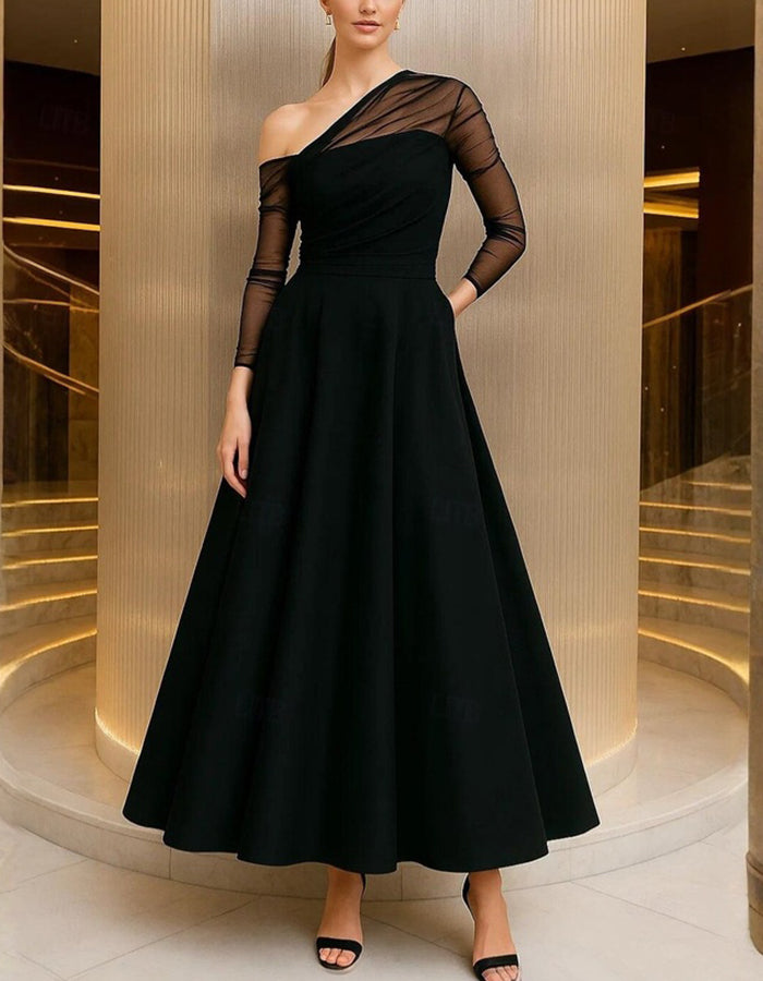 Asymmetrical One Shoulder Sheer Mesh Long Sleeve Midi Dress