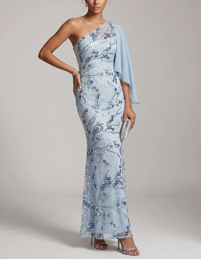 Light Blue One Shoulder Chiffon Sequined Shawl Sleeve Maxi Dress – Alizua