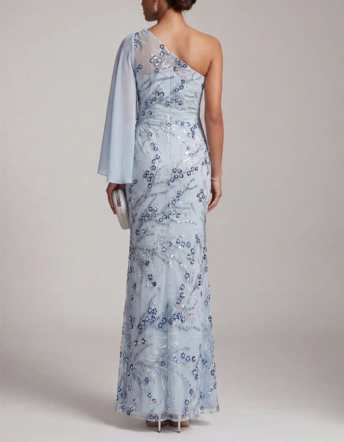 Light Blue One Shoulder Chiffon Sequined Shawl Sleeve Maxi Dress