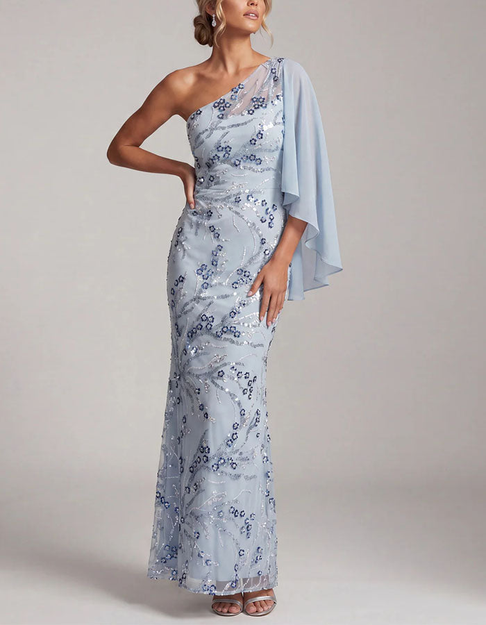 Light Blue One Shoulder Chiffon Sequined Shawl Sleeve Maxi Dress