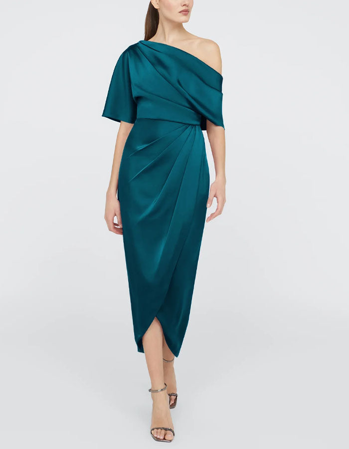 Blue Green Satin Asymmetrical Off Shoulder Midi Dress – Alizua