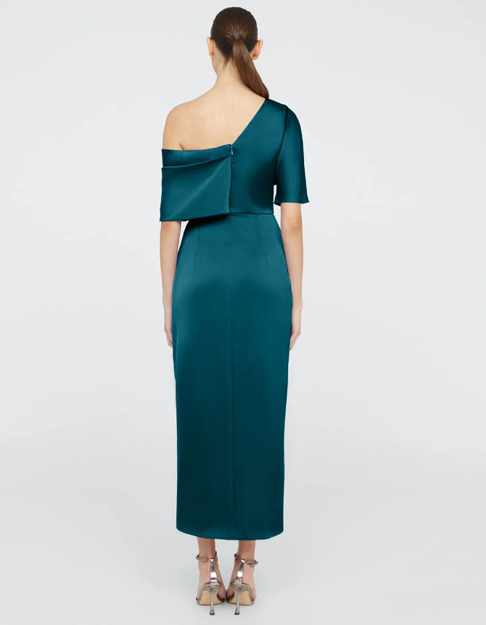 Blue Green Satin Asymmetrical Off Shoulder Midi Dress