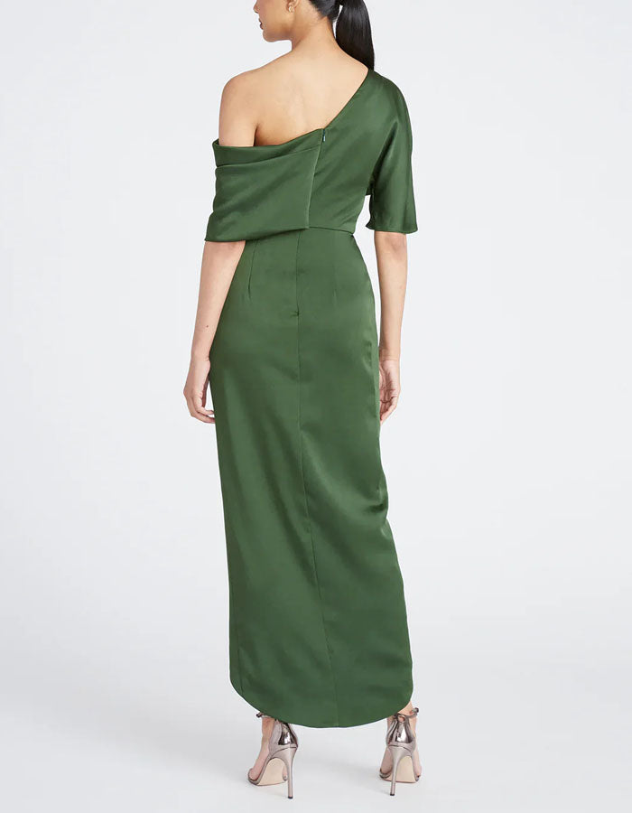 Blue Green Satin Asymmetrical Off Shoulder Midi Dress