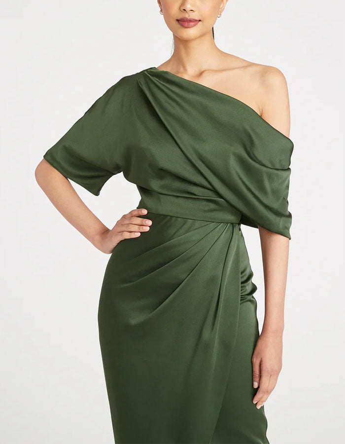 Blue Green Satin Asymmetrical Off Shoulder Midi Dress