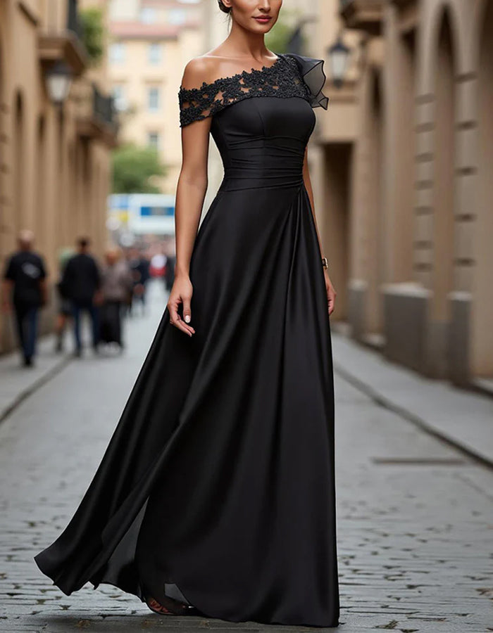 Black Satin Lace Off Shoulder Ruffle Sleeves Maxi Dress