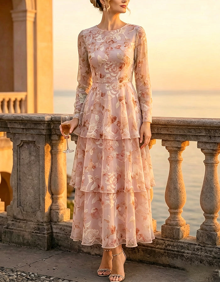 Floral Long Sleeve Tiered Ruffle Chiffon Maxi Dress