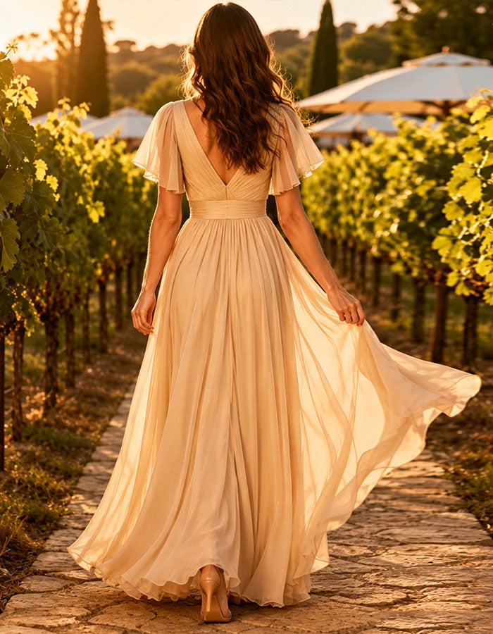 Champagne Colored Chiffon Deep V-Neck Maxi Dress