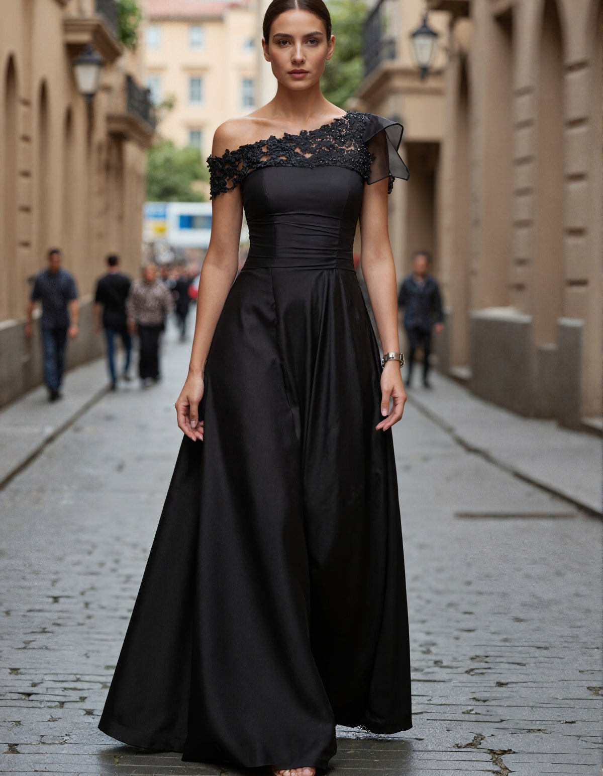 Black Satin Lace Off Shoulder Ruffle Sleeves Maxi Dress