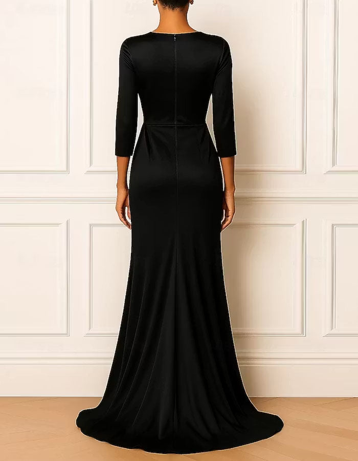 Solid Color Satin Round Neck Three Quarter Sleeve Maxi Dress