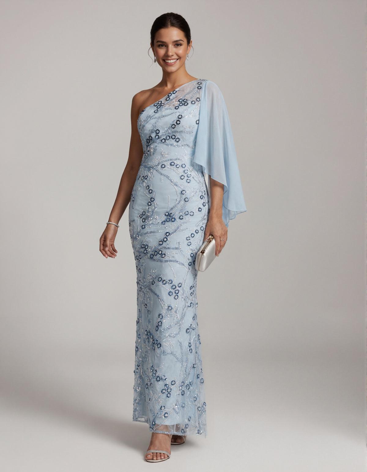 Light Blue One Shoulder Chiffon Sequined Shawl Sleeve Maxi Dress