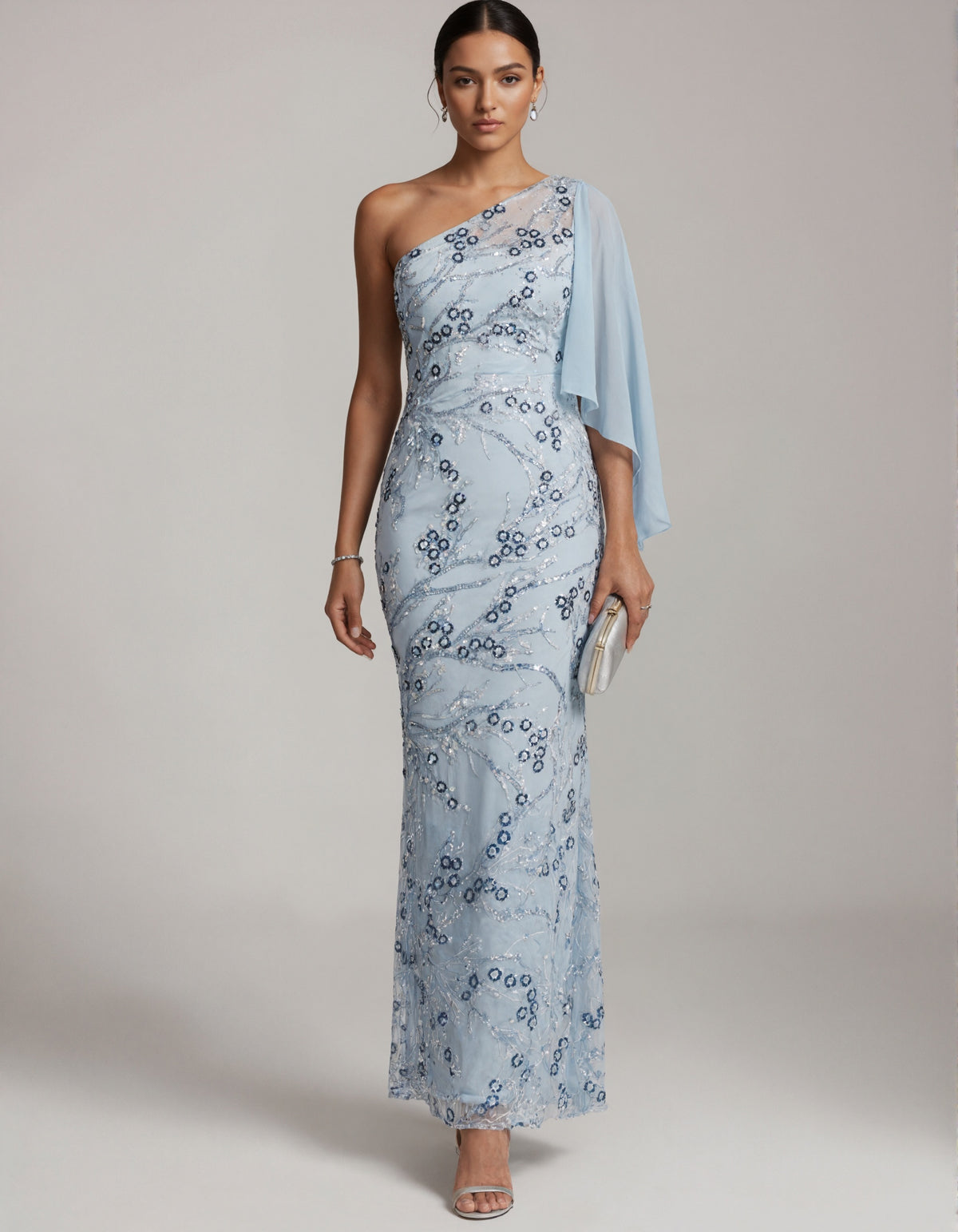 Light Blue One Shoulder Chiffon Sequined Shawl Sleeve Maxi Dress