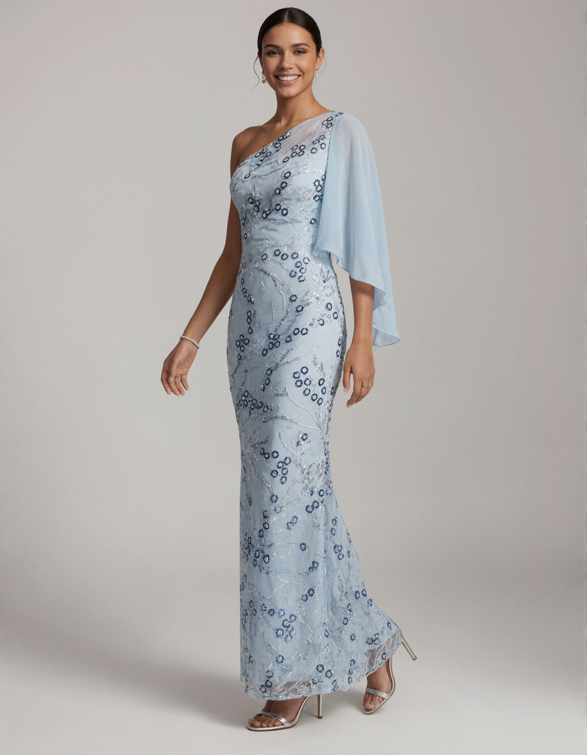 Light Blue One Shoulder Chiffon Sequined Shawl Sleeve Maxi Dress