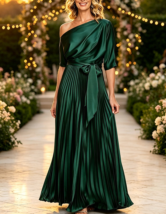Olive Drab One Shoulder Draped Top Tie Satin Maxi Dress