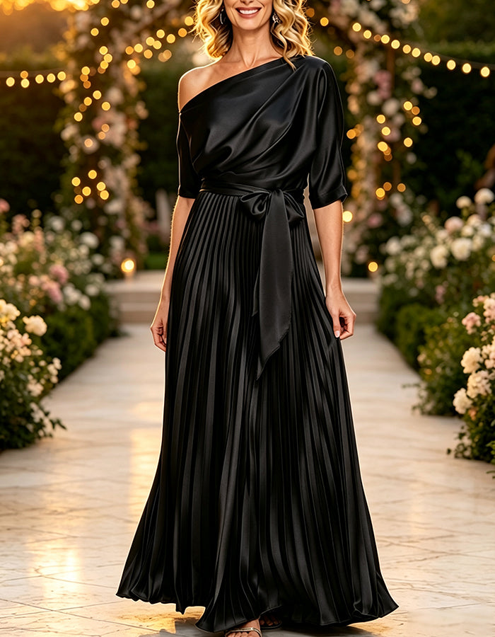 Olive Drab One Shoulder Draped Top Tie Satin Maxi Dress