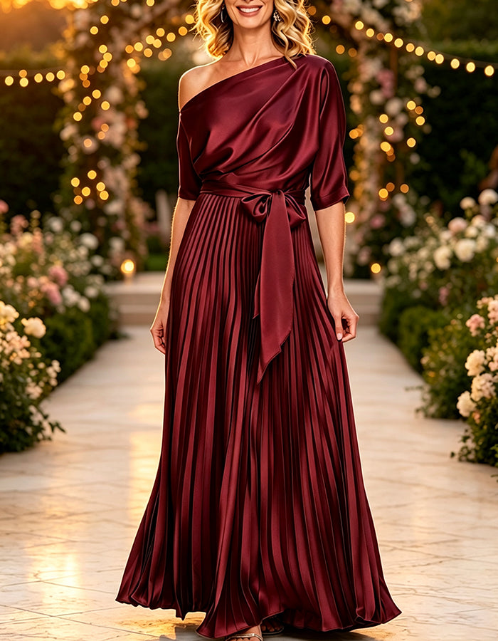 Olive Drab One Shoulder Draped Top Tie Satin Maxi Dress