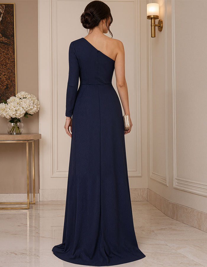 Dark Blue One Shoulder Long Sleeve Maxi Dress